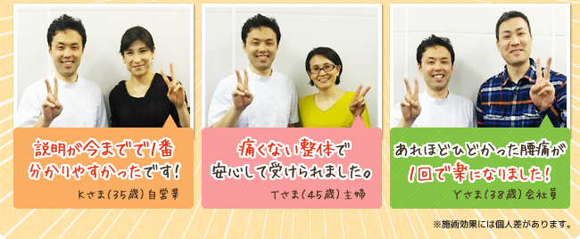 痛くない整体で安心して受けられました。/あれほどひどかった腰痛が1回で楽になりました!